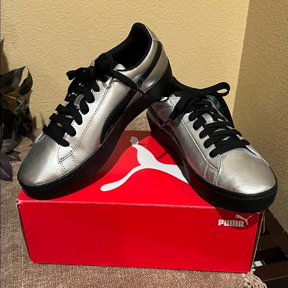 Puma Vikky Platform Metallic Silver Sneakers with Black Details